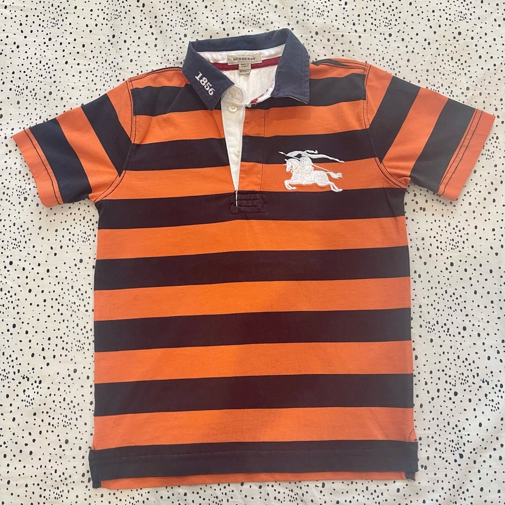 Authentic Burberry kids Orange and Dark Navy Blue Striped Kids Polo Shirt